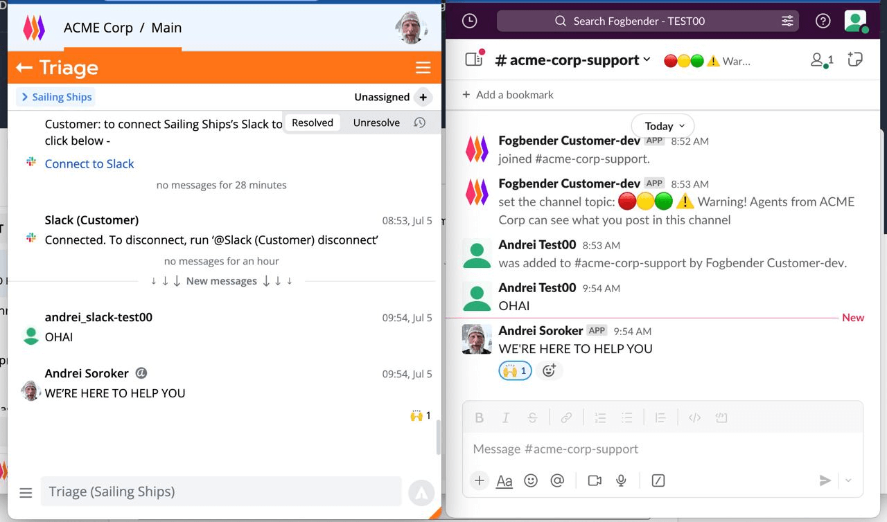 Customer and support agent test bi-direction connection between Slack and Fogbender